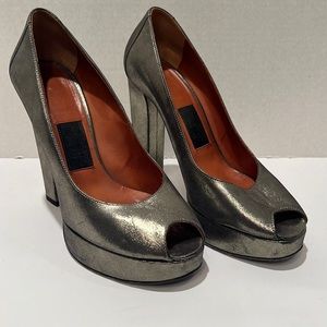 Lanvin metallic leather peep toe platform pumps